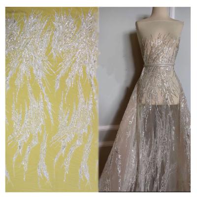 China Viable Professional Manufacturer New Designs Hot Selling Beading And Sequin Sewing Lace Fabric With2 Kinds For Bridal Dress for sale