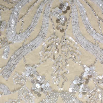 China Wholesale High Quality Popular Design Wedding Dress Fabric Bridal Sequin White Sequin Lace Viable For African Wedding Dress for sale