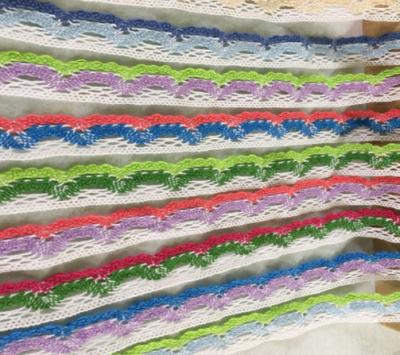 China Viable crochet machine mixed red and blue color 100% cotton lace scalloped edge trim for moq wedding bridal decoration 1000m for sale