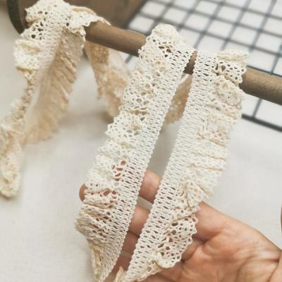 China Cotton 3.5CM beige elastic embroidered lace up elastic ruffle lace trimming trim collars cuffs ribbons decorative clothing accessories for sale