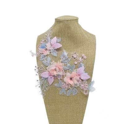 China Beige+navy Pink 3D Flower Sequin Mesh Embroidery Fabric Sticker Diamond Embroidery Pink Three-Dimensional Patch for sale