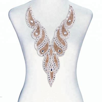 China High Quality Garment Collar Design V Neckline Hot Fix Transfer Rhinestones Beaded Crystal Applique For Wedding Dress for sale