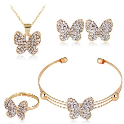 China Crystal Alloy Rhinestone Jewelry Set Alloy Butterfly Necklace Bracelet & Bangle Earrings Ring Set High Quality Gold for sale