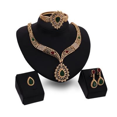 China Colorful Crystal Gold Jewelry Sets High Quality Necklace Earring Bracelet Ring 4 Pcs Set Bridal Jewelry Sets for sale