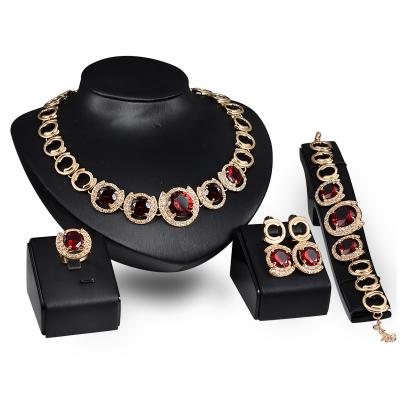 China Crystal Jewelry Sets High Quality Red Green Necklace Earring Bracelet Ring 4 Pcs Set Bridal Jewelry Sets for sale