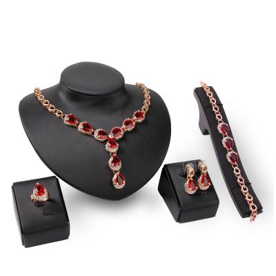 China High Quality Red Crystal Zircon Jewelry Sets Necklace Earring Bracelet Ring 4 Pcs Set Bridal Jewelry Sets for sale