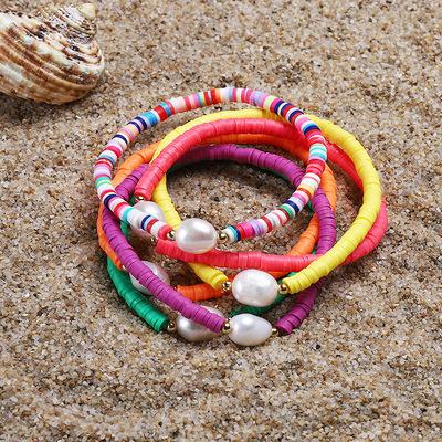 China High Quality Colorful Cute Bohemian Beaded Bracelets Rainbow Polymer Clay Pearl Beaded Bracelets Stretchy Jewelry for sale