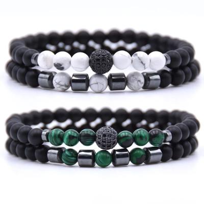 China High Quality 6mm Natural Stone Beads Bracelet 2pcs/set CZ Ball Beaded Bracelets for sale