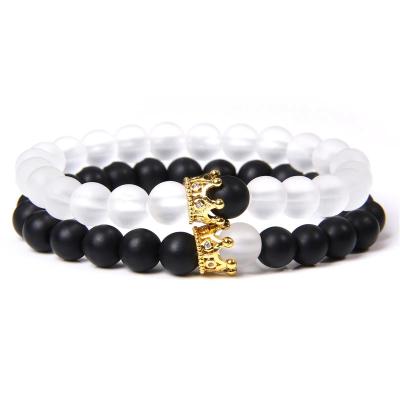 China TRENDY 2pcs/sets Handmade Micro CZ Pave Bead Bracelet Aura Quartz Stone Lover Crown Bracelet Men Women for sale