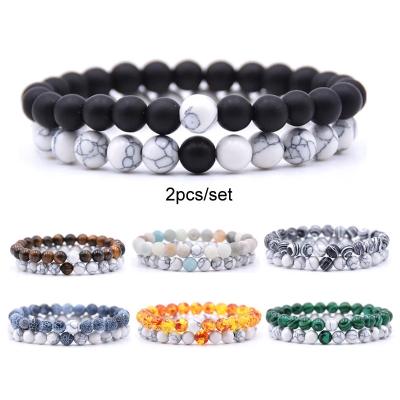 China TRENDY Classic Couples 2Pcs/Set White And Black Beaded Natural Stone Bracelets Distance Bangle Classic for sale