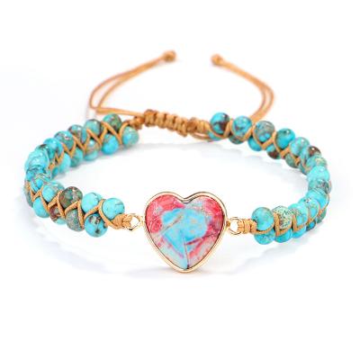 China High quality new fashion natural stone bracelet braided heart charm vintage gemstone yoga zinc alloy bracelet for sale