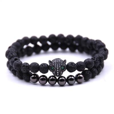 China FASHIONABLE Black Leopard Head Double Charm Bracelet 2pcs/set Stretch Onyx Crown Charm Bracelet for sale