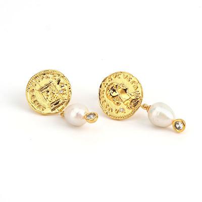 China High Quality Vintage Irregular Geometric Gold Coin Portrait Pearl Drop Earrings Earrings Wedding Party Jewelry for sale