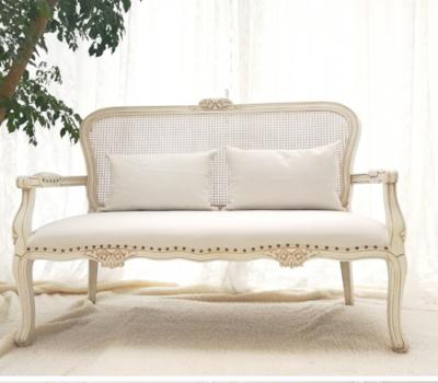 China Wedding Centerpieces & White Distressed Solid Wood Three-Seat Sofa Chair Wedding Home Decoration European Style Rattan Sofa Double Table Decorations Retro for sale