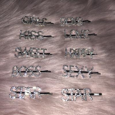 China Fashion Bling Diamond Hair Clips Letter Hair Pin Bling Trendy Clip For Fancy Girls for sale