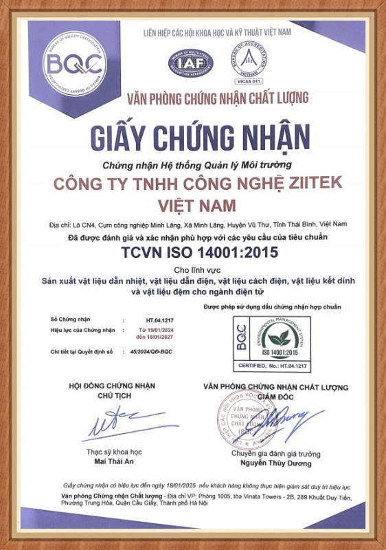 ISO14001 ：2015 - CÔNG TY TNHH CÔNG NGHỆ ZIITEK VIỆT NAM