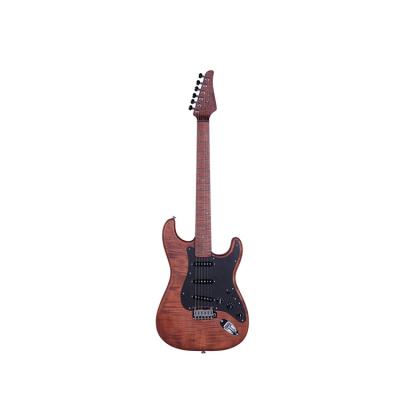 China Alder Flame Maple+6mm5A One Layer Caramel Color 22 Main Fret Low MOQ Fixed String Electric Guitar for sale