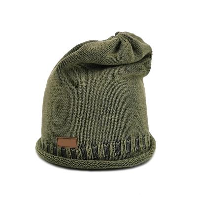 China JOINT Leather Winter Beanie Adult Plain Cotton Patch Yarn Knit Hats for sale