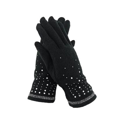 China Fashion Popular Acrylic Stretch Polyester Fleece Gloves Warm Winter Women Glove With Driving Rhinestones for sale