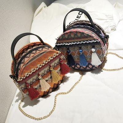 China New Fashion Design Vintage Women Cross - Body Bag Braided Fabric Gold Handbag Circle Chain Purse With Tassels for sale