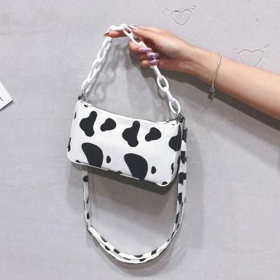 China 2021 Fashionable Cow Printing Small Shoulder Bag Girl Zipper Vintage Cute Chain Women's Female Handbags for sale