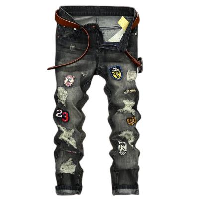 China Breathable Mens Straight Jeans Regular Fit Breeches Custom Distressed Badge Printed Embroidery Casual Pants Jeans For Man for sale