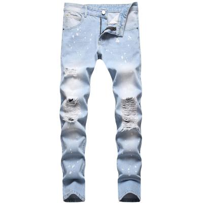 China Breathable Custom Mens Light Blue Ripped Distressed Stretch Stacked Jeans Fit Custom Logo Skinny Men Jeans for sale