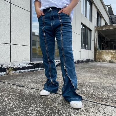 China Wholesale breathable stylish loose flair blue side split jeans custom stacked flare denim patchwork pants men for sale