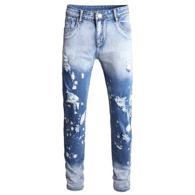 China Breathable American Custom Ripped Gradient Washed Blue Skinny Jeans Elastic Straight Denim Pants Stretch Pants Mens Jeans for sale