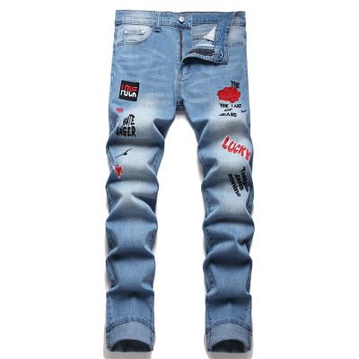 China Distressed Distressed Denim Art Embroidery Patches Jeans Stretch Men Italy Style Men High Street Fashion Breathable Denim Streetwear Pants Slim Fit for sale