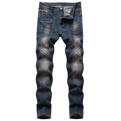 China OEM Breathable Custom Nostalgic Washed Fringed Denim Patch Straight Stretch Stylish Mens Slim Fit Jeans Pants For Men for sale