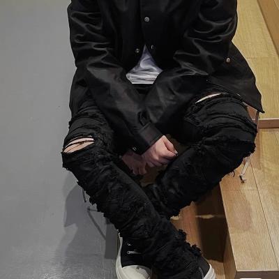 China Breathable 2022 OEM Custom Stylish Brand Washed Hole Skinny Waxed Embroidery Ripped Black Jeans For Men for sale