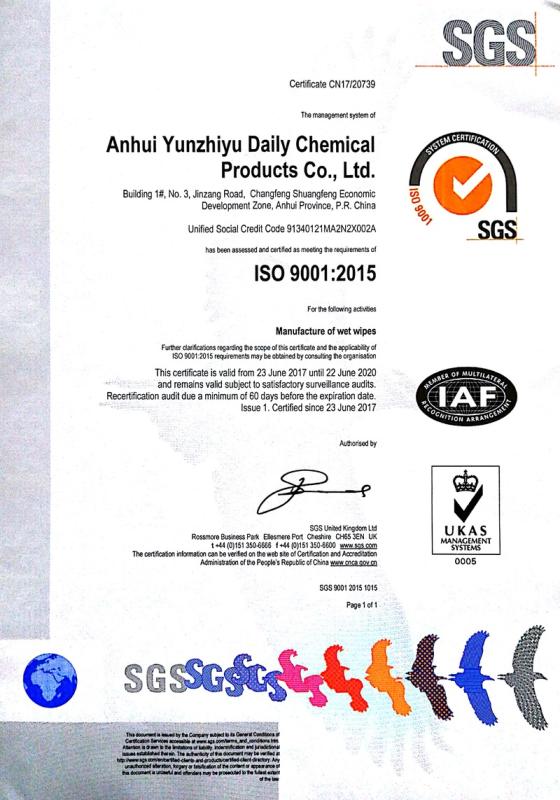 ISO9001 - Anhui Yunzhiyu Daily Chemical Products Co., Ltd.