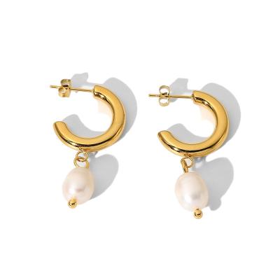 China TRENDY 18K Gold Plated Stainless Steel Jewelry C Shaped Pearl Dangle Earrings for sale