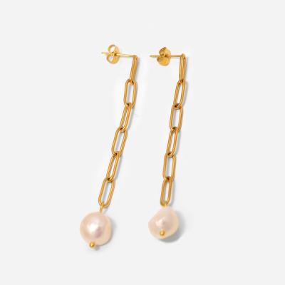 China TRENDY 18K Gold Plated Stainless Steel Chain Chunky Pearl Dangle Earrings for sale