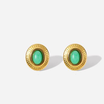 China Environmental Friendly Fashion Vintage 18K Gold Plated Stainless Steel Oval Jade Earrings for sale