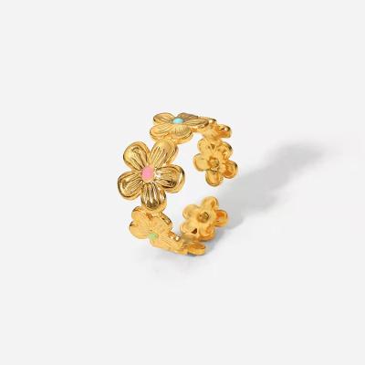 China New Environmental Friendly 18K Gold Plated Waterproof Stainless Steel Enamel Flower Ring for sale