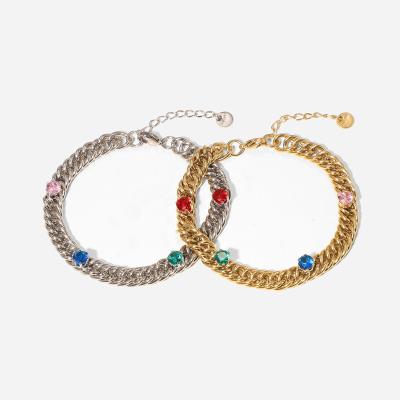 China Environmental Friendly Stainless Steel 14K Gold Plated Cuban Chain Colorful Zircon Bracelet for sale