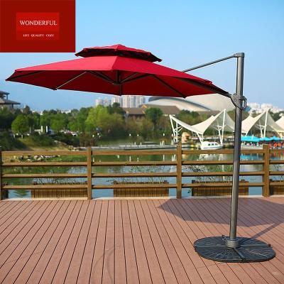 China Modern Leisure outdoor garden furniture roman umbrella red color double roof round parasol side umbrella with base for sale