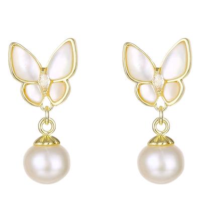 China FASHIONABLE natural pearl shell butterfly earring, drop, fritillion stud, 925 silver for sale