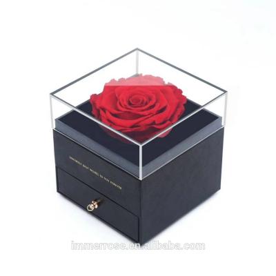 China Large Natural Touch Roses In Acrylic Gift Box With Draw Roses Forever For Christmas for sale