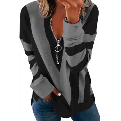 China Sustainable Women Long Sleeve V-Band Print On Chest Zipper Loose Fit Layer T-Shirts Stretchy Tops for sale