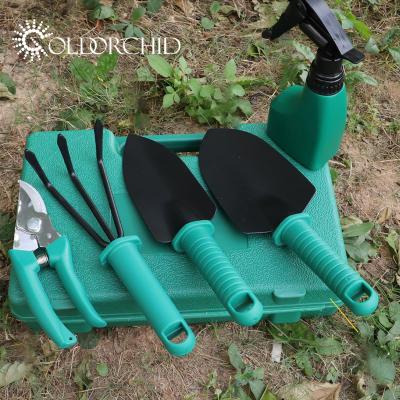 China New Arrival Garden Shovel Harrow Scissors Spring Stainless Steel Garden Tool Kit with 5 Garden Tools Inside for sale