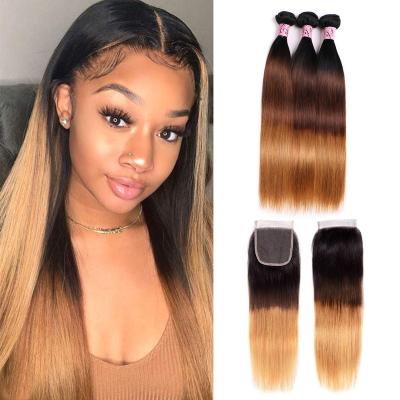 China Peruvian Straight 1b/4/27 Ombre Hair Bundles Straight Hair Bundles With Closure Remy Human Hair Weave Bundles With Closure Natural Color for sale