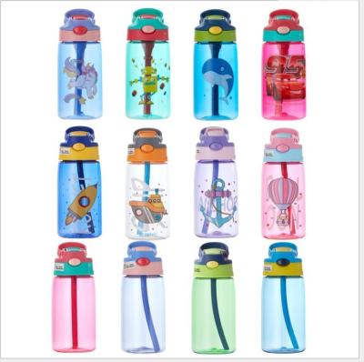 China Customized Viable Water Bottle Kids Logo Kids Cartoon Pattern Kawaii Water Sport Plastic Clear Water Bottle With Straw for sale