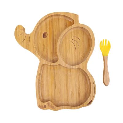 China Cute Viable Children's Family Wooden Elephant With Spoon 3 Grid Food Dish Fruit Tray Snack Dish for sale