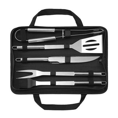 China Amazon Hot Sale Non-Stick Stainless Steel BBQ Tools 5pcs Outdoor BBQ Grill Utensils Set With Oxford Cloth Case Package for sale