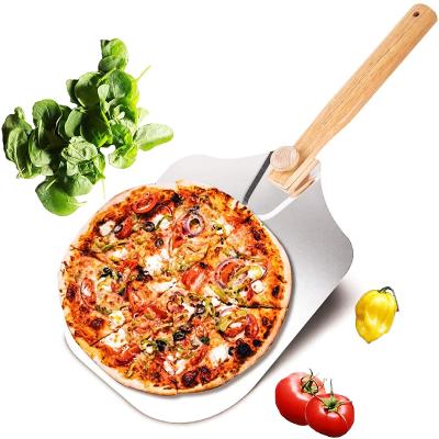 China Detachable metal pizza shovel viable, non-stick aluminum household pizza peel with foldable wooden handle for sale