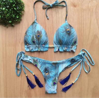 China 2022 new arrival breathable two-piece swimwear tassel printing retro bikini set women fitness beach wear for sale