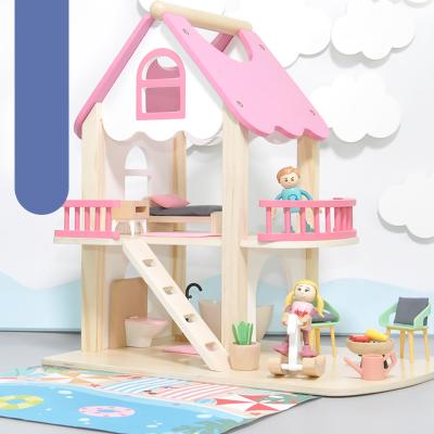 China 100% Eco-friendly Mini Furniture Kids Toy Dollhouse Diy Handmade Pink Wooden Dollhouse Furniture Toys for sale